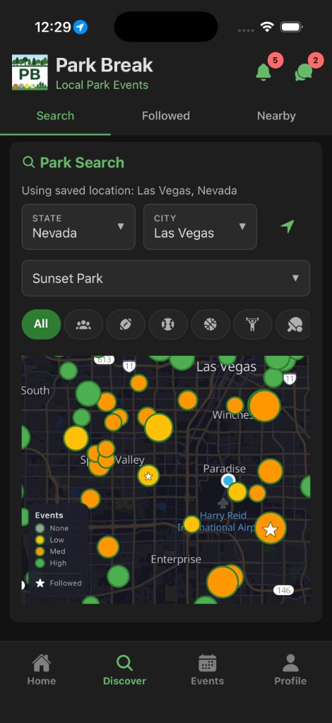 Discover map: Las Vegas with event markers, followed parks shown with stars, sport filters, and Sunset Park in the park picker.