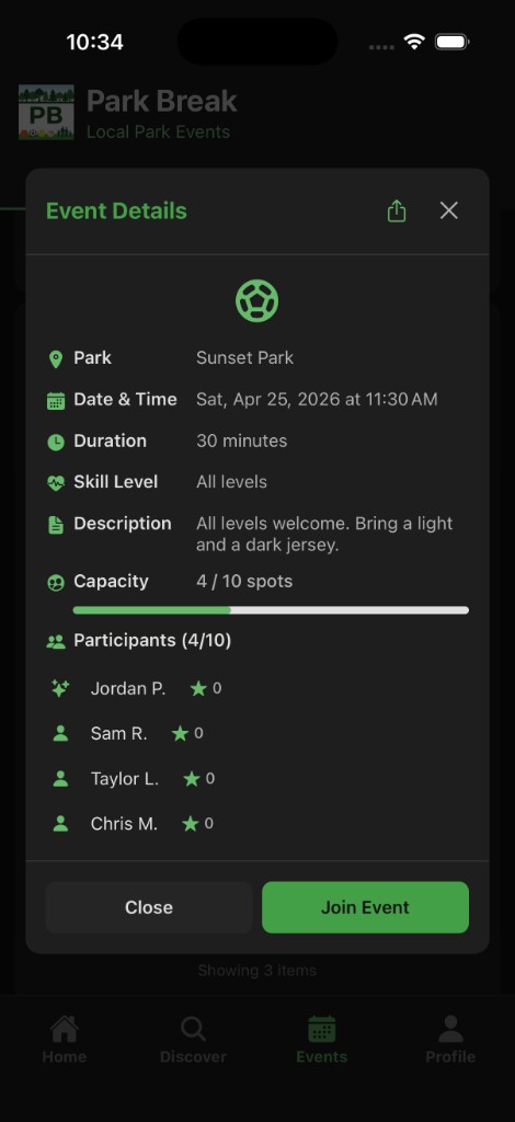 Event details: park, time, skill level, description, participants, and join.