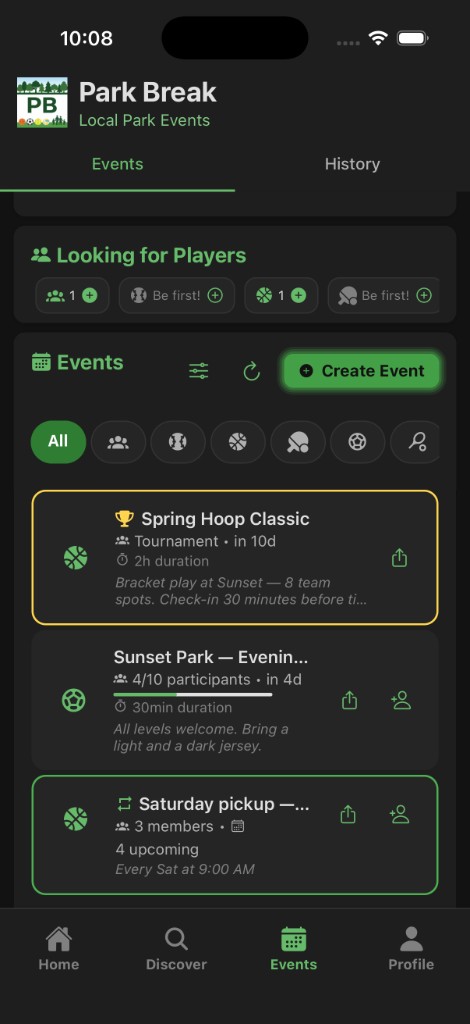 Events tab: tournament, pickup game, and weekly series at Sunset Park.