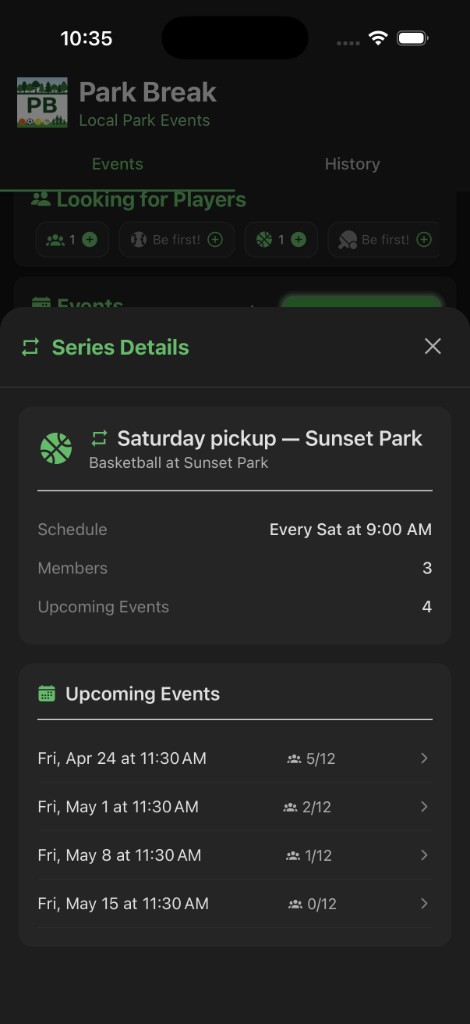 Series details: schedule, members, upcoming recurring events.