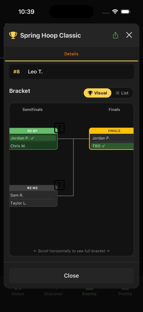 Tournament bracket scrolled to semifinals and championship match.
